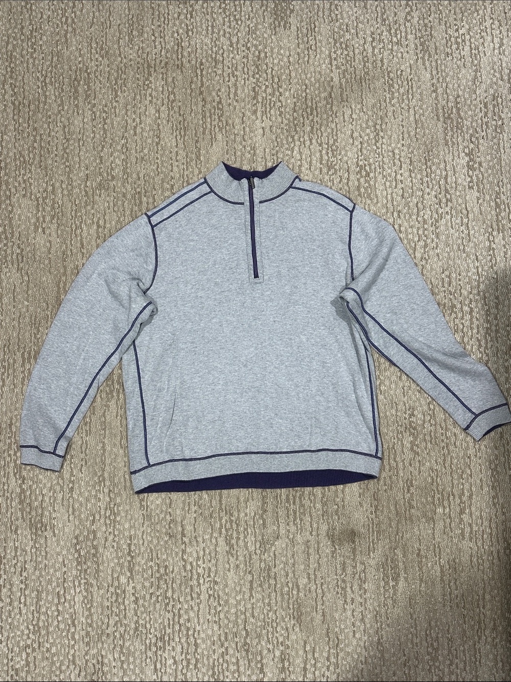 Tommy Bahama Reversible Light Gray Half-Zip Sweater with Navy Trim (430)